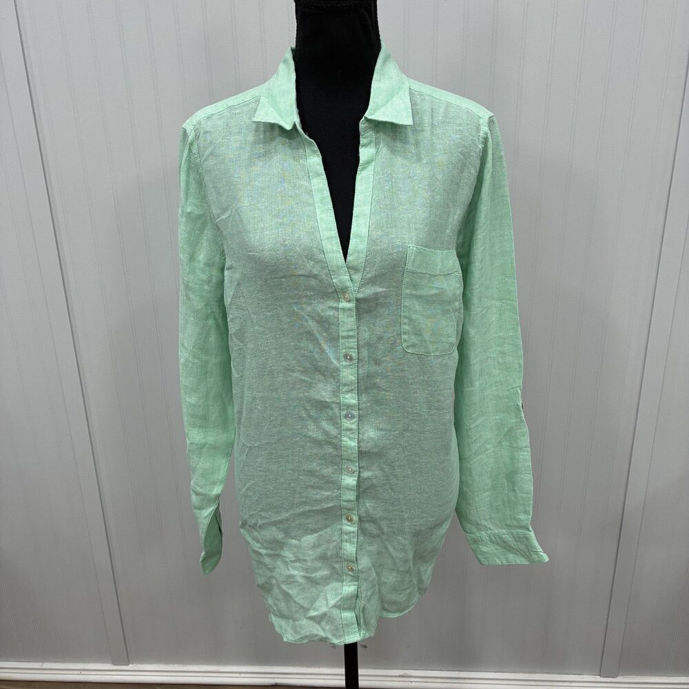 Sigrid Olsen Women's Large Green Linen Button Front Shirt Lightweight Comfort